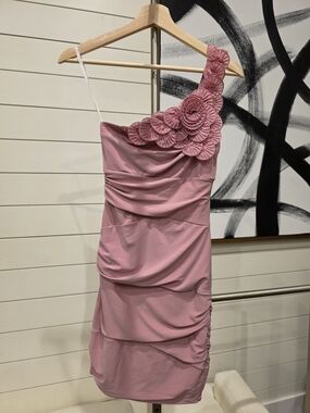 B Darlin One-Shoulder Dusty Pink Floral Appliqué Mini Dress